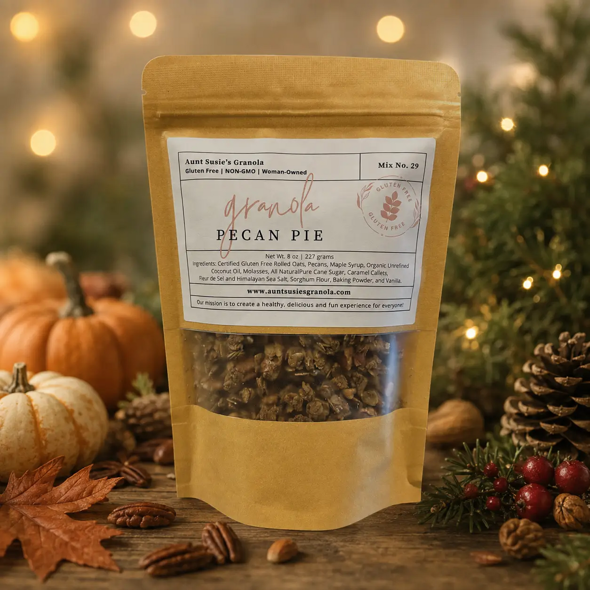 Aunt Susie's Pecan Pie Granola 8 oz bag with pumpkins and holiday greenery