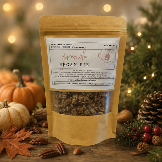 Aunt Susie's Pecan Pie Granola 8 oz bag with pumpkins and holiday greenery